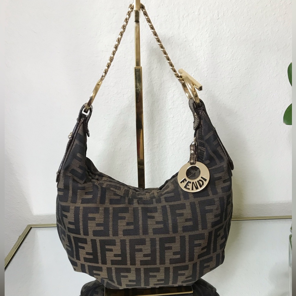 Fendi Zucca Dark Brown Monogram Canvas Gold Hobo Chain Shoulder Bag